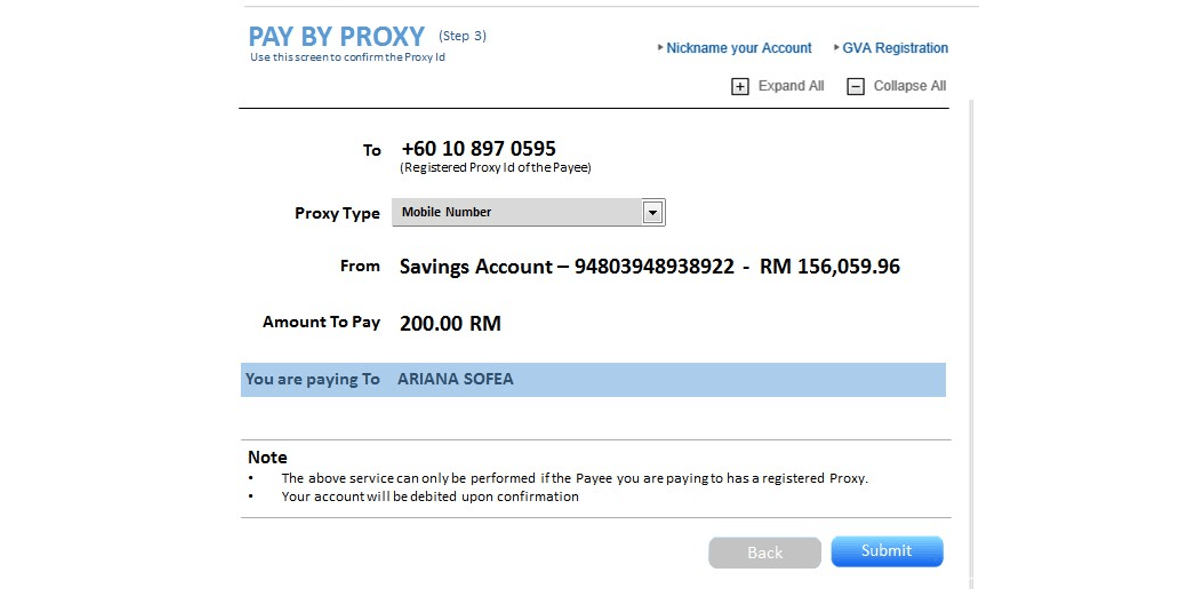 Pay-by-Proxy – Confirm Proxy ID, Name and Payment