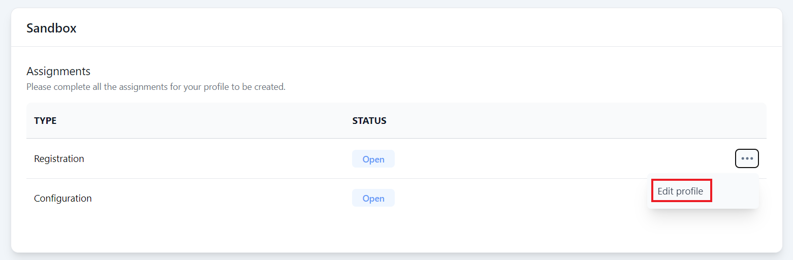 Screenshot of Sandbox Registration - Edit profile